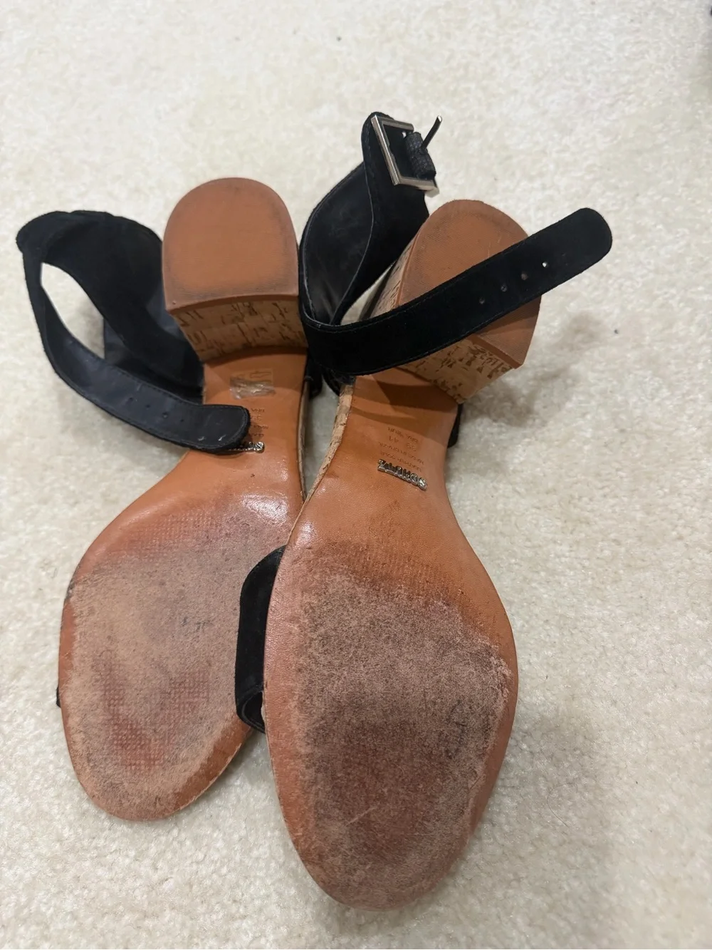 SCHUTZ Black Suede Cork Block Heel Sandals